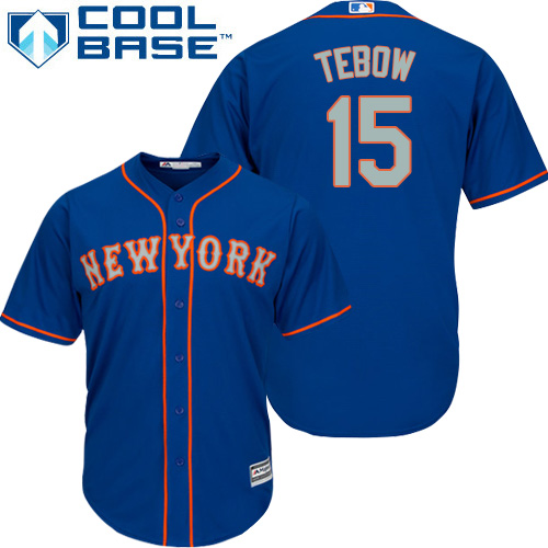 Mets #15 Tim Tebow Blue(Grey No.) Alternate Cool Base Stitched Youth MLB Jersey - Click Image to Close